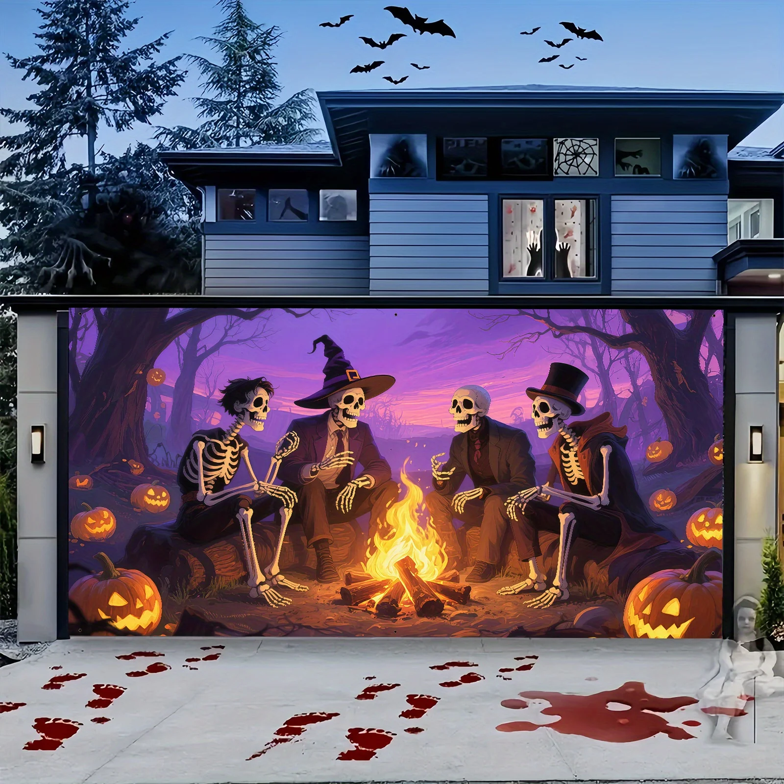 1-teilig aus Polyester mit einer extra großen Halloween-Garagentor-Banner-Dekoration und einem Totenkopf-Hintergrund