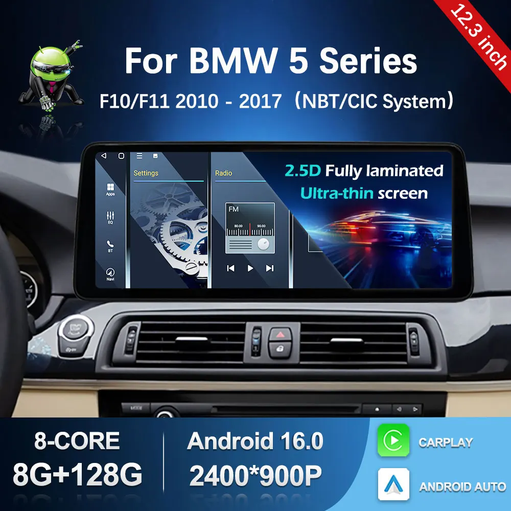 Android 16 Kabelloses Carplay Autoradio Multimedia-Player für BMW 5er F10 F11 2010 - 2017 CIC NBT System QLED Bildschirm GPS WLAN