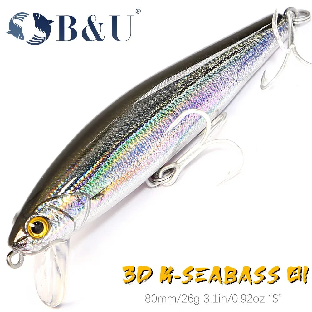 B&U 80mm Sinkender Minnow Hard Lure Jerkbait Salzwasser Weitwurf-Angelköder Meeres-Kunstköder Wobbler für Seebarsch