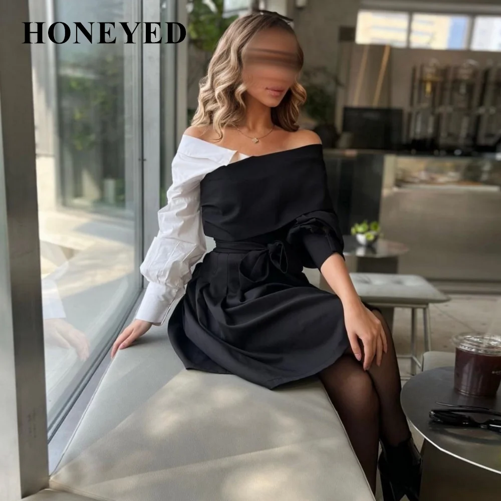 

Honeyed Women Formal Occasion Dresses Fashion Knee LengthPatchworkColorDesign Sexy Card Shoulder Banquet Dress Can be Customized