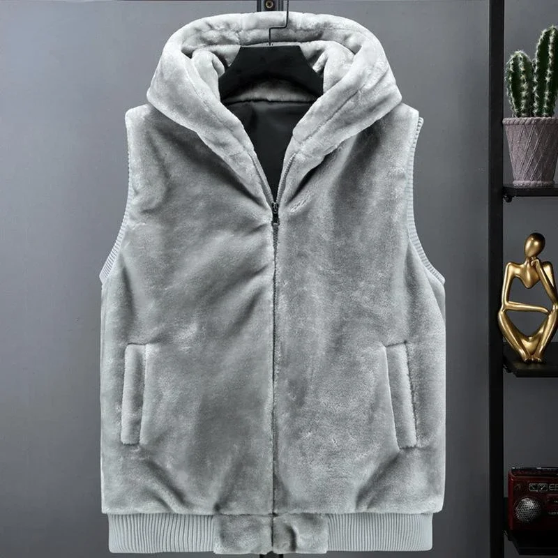 

2023 New Sleeveless Jacket Men Hooded Warm Thermal Faux Fur Vest Male Plush Flannel Coat Fluffy Fleece Waistcoat Autumn