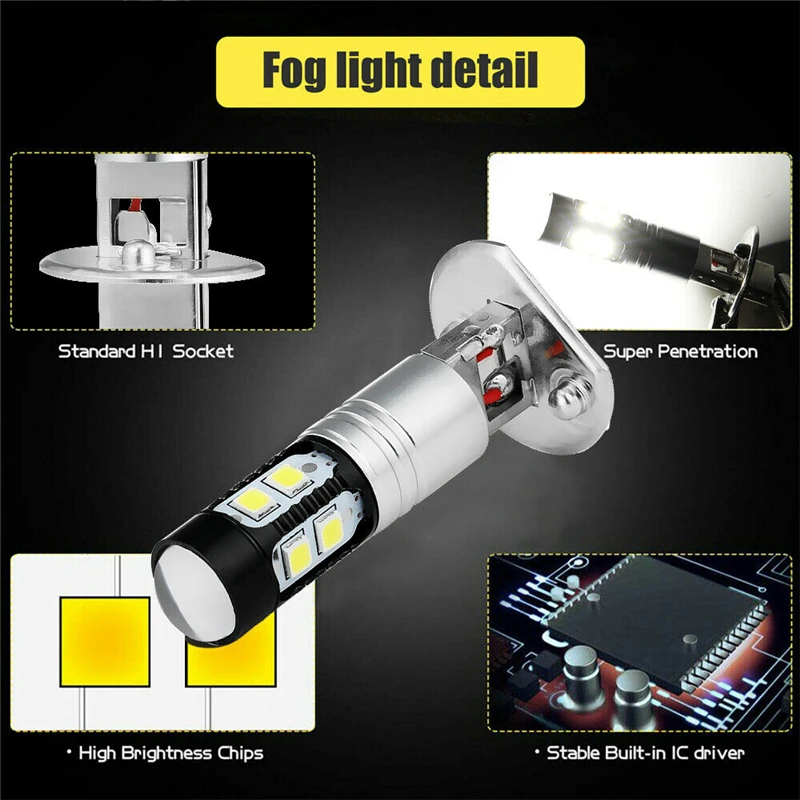 2Pcs H1 6000K Super Bright White LED Headlight Bulb Kit High-Beam Replacement Auto Fog Lamp Driving Daytime Running Light