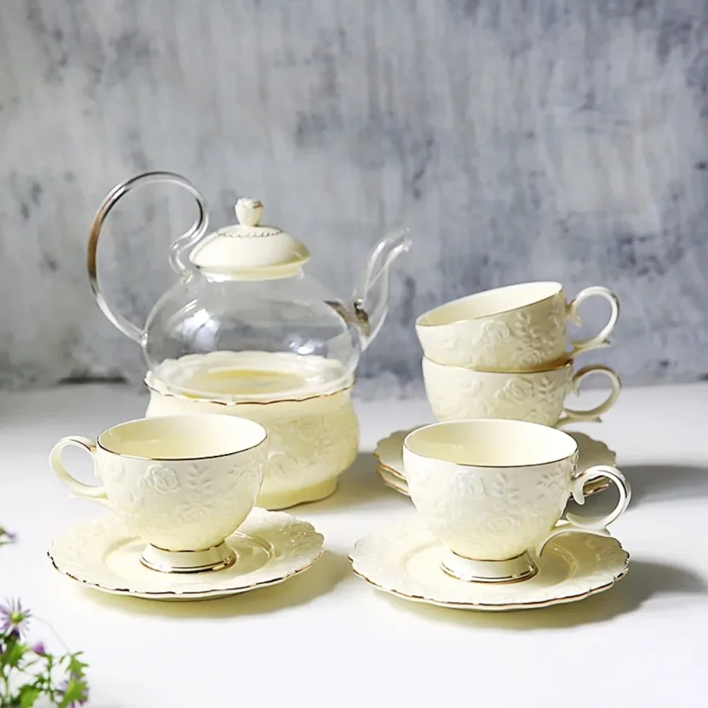 

English Afternoon Tea set Nordic Flower Tea cup Set Ceramic Heat-Resistant Glass Boiled Fruit Candle Heating Teapot Drinkware