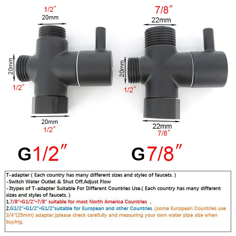 black G7/8" G1/2" 20mm 22mm male Diverter T Valve stainless steel 3way Tee Filling Water toilet Bathroom Shower connector US