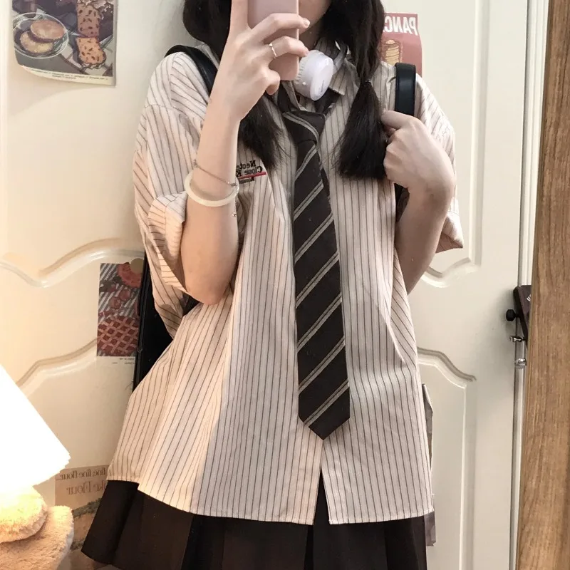 JK Uniform Set Summer Striped Short Sleeved Women's 2024 Turn Down Collar Patchwork Button Japanese Casual College Style Shirt