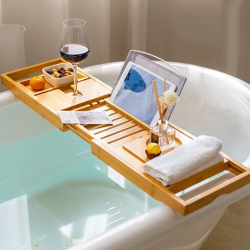 Home Bathtub Shelf Bamboo Bath Caddy Extendable Bamboo Bath Tray