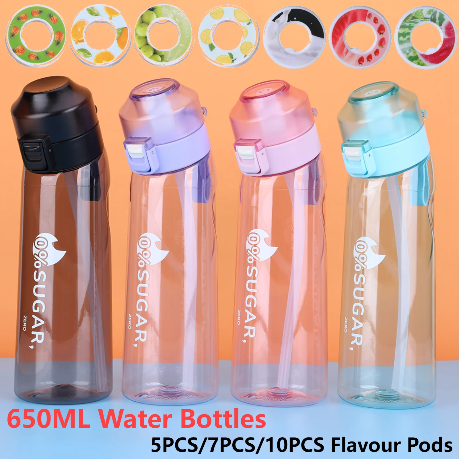 650ML LeakProof Scent Flavored Water Bottle with 5 7 10Pcs Flavor Pods Air Water Up Bottle Portable for Travel Climbing Hiking
