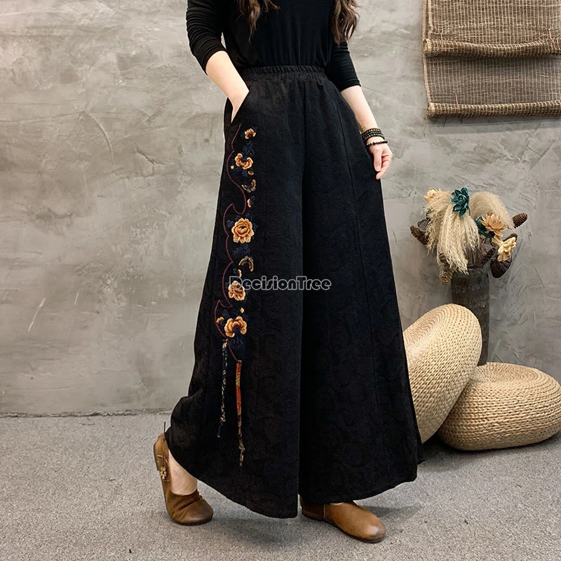 Chinese Style Retro Embroidery Pants Ethnic Style Literature Art Pants Leisure Loose Comfortable Wide Leg Trousers