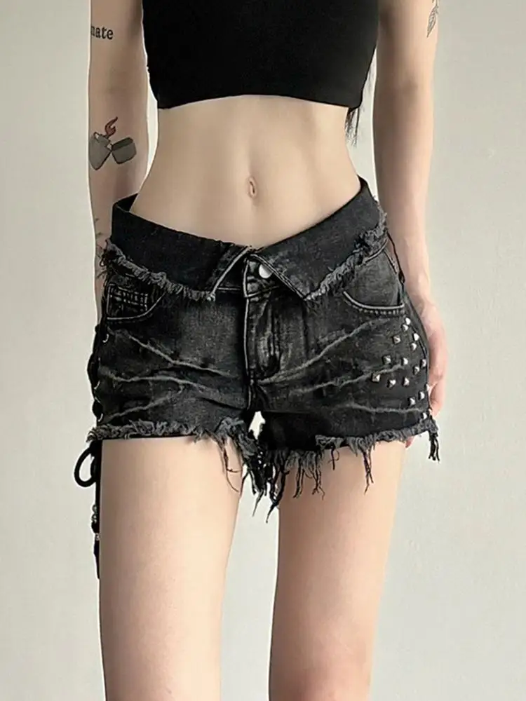 Punk Style Rivet Stitching Denim Shorts Black Low Rise Skinny Lace-Up Short Jeans Women Gothic Streetwear Y2K Distressed Shorts 1