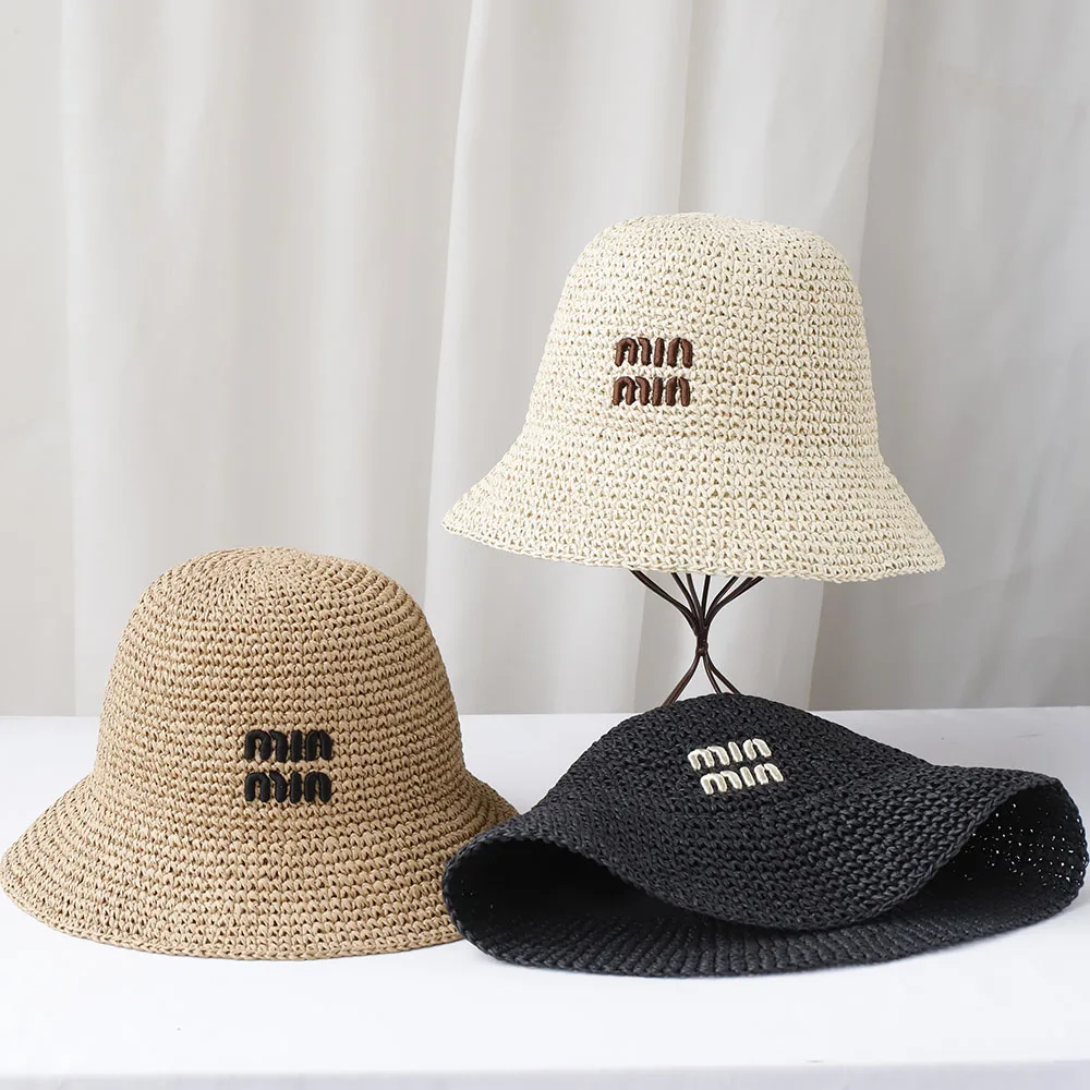 Handmade Letter embroidery Sun hat Wide brim Floppy Summer hat For Women Beach Panama Straw Dome Bucket hat