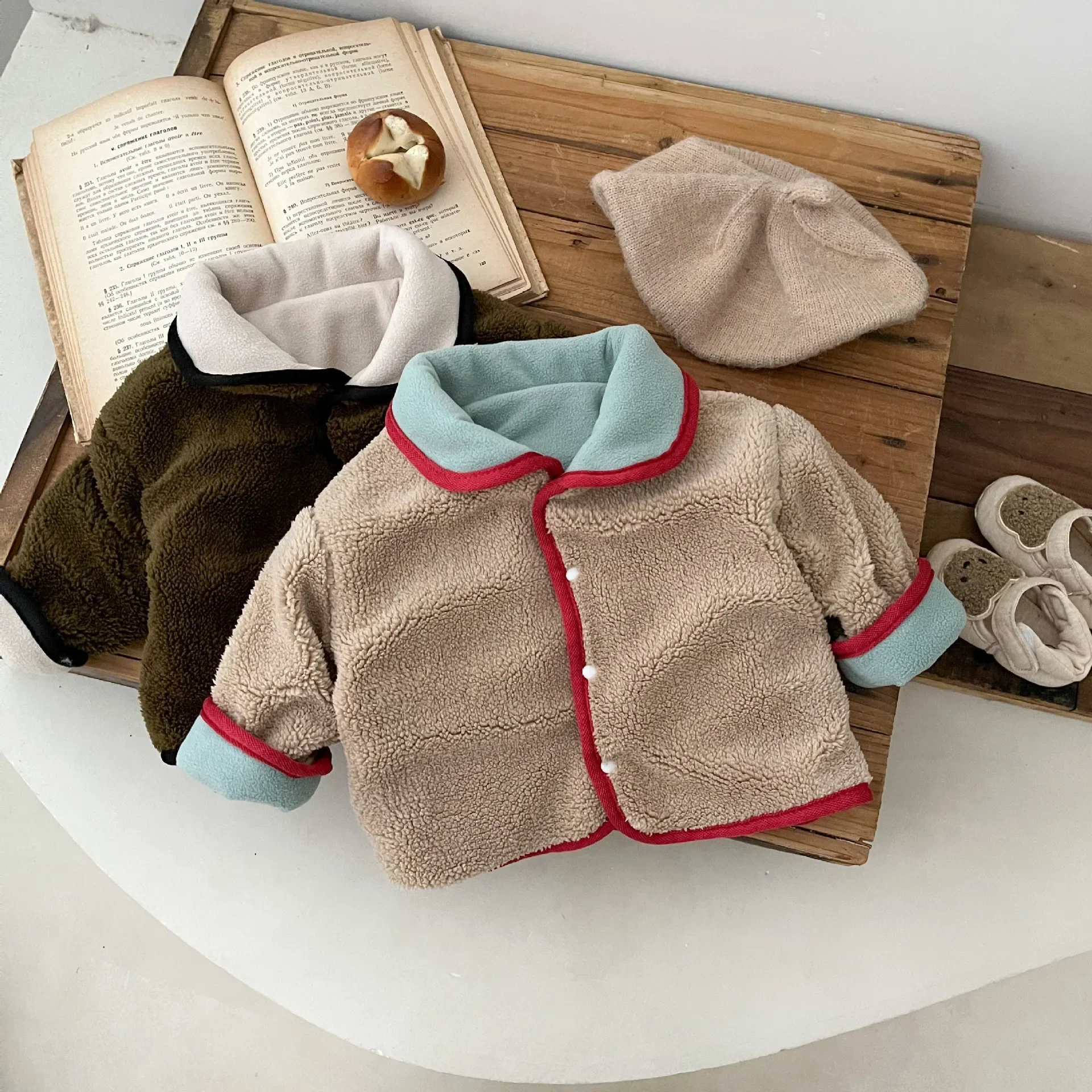 Winter New in Kids Baby Boys Girls Casual Coat-Toddler Color Blocking Double-sided Thick Plush Top , Infant Jacket 0-3Y