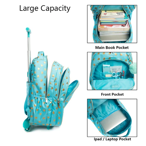 어린이 학교 롤링 백팩, 바퀴 달린 배낭, 여아용 학교 트롤리 가방, 어린이 여행 수하물 트롤리 가방 3