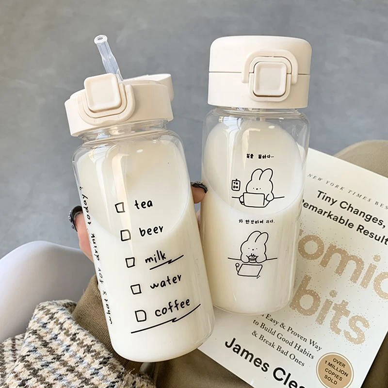 Cute Cartoon Straw Water Bottle - Portable, Leak-Proof Drinkware