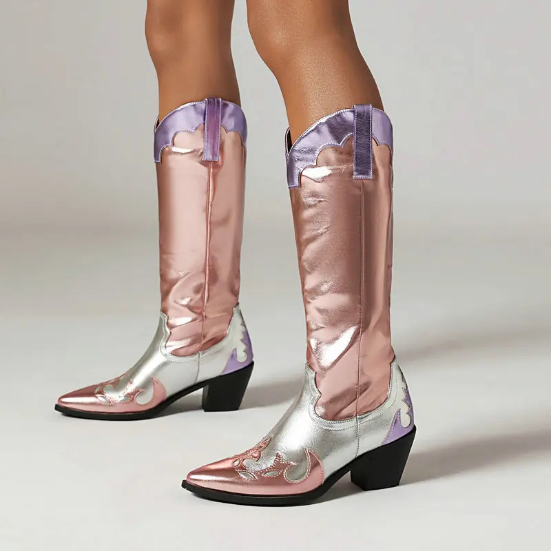 

IPPEUM Country Western Boot In Multi Embroidered Knee High Chunky Cowgirl Shoes Metallic Cowboy Boots For Women
