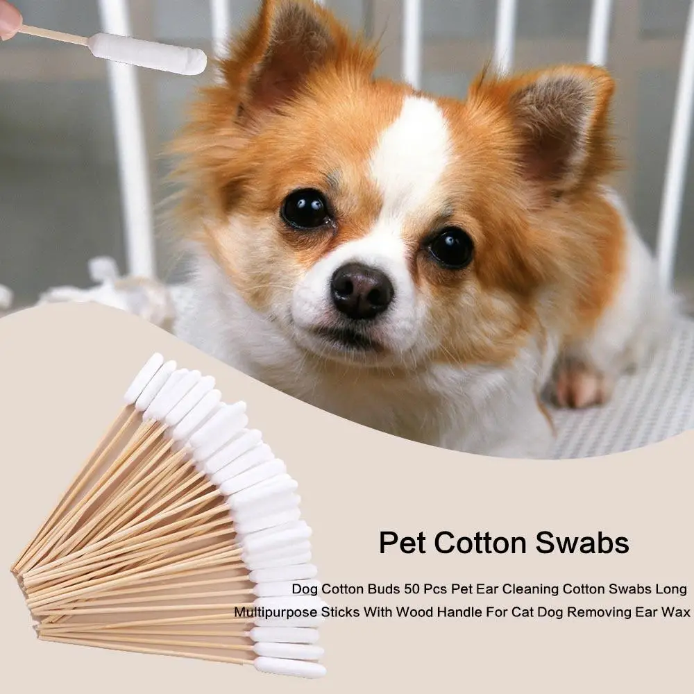 Dog Cotton Buds 50 Pcs Pet Ear Cleaning Cotton Swabs Long Multipurpose Sticks With Wood Handle For Cat Dog Removing Ear Wax
