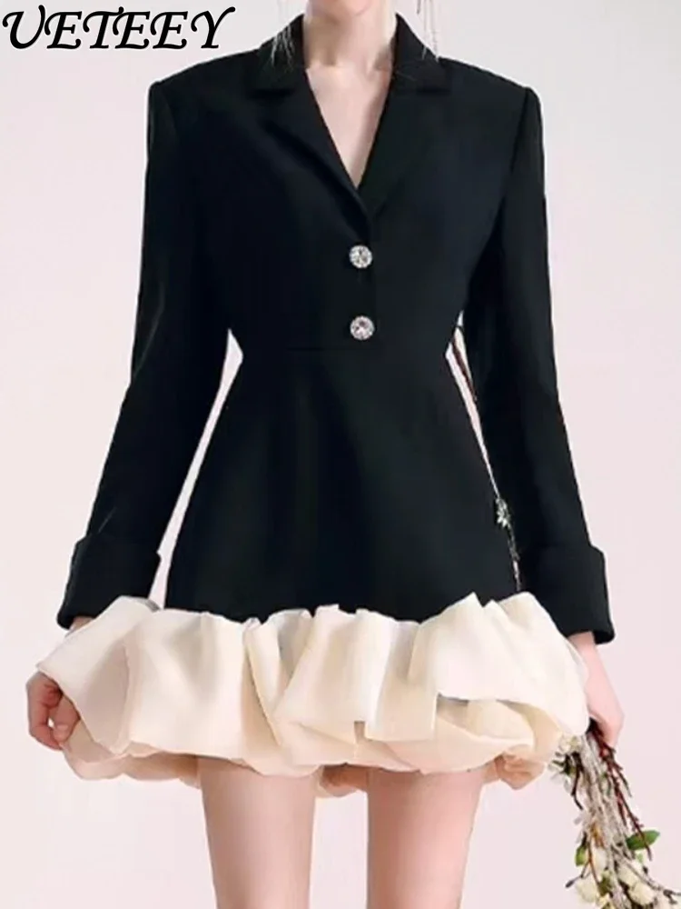 

Элегантное изящное дизайнерское платье-костюм, Новинка весна-осень 2023, черное приталенное платье средней длины из органзы с прострочкой