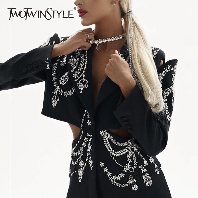 TWOTWINSTYLE Hollow Out Patchwork Diamonds Blazers For Women Notched Collar Long Sleeve Spliced Button Temperament Blazer Female
