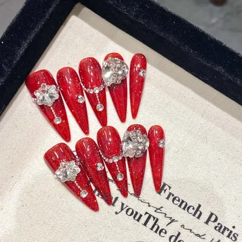 10pcs Handmade Red False Nails Long Stiletto Punk Style Press On Nails Y2k Glossy Diamond Flower Designs Fake Nail Patches 1