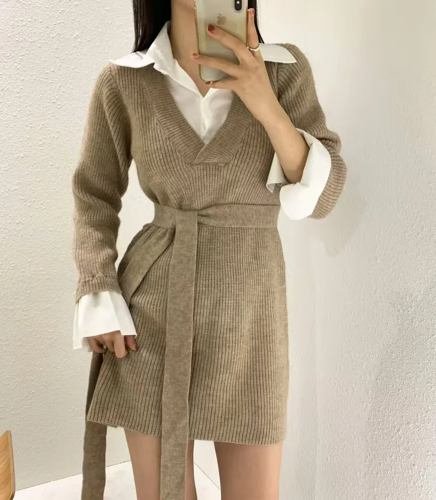 Korean Chic Mini Dresses Women Turn-down Collar Long Sleeve Shirt Patchwork Autumn Winter Knitted Dress Casual Fashion Vestidos