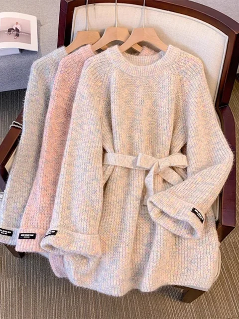 Women's Elegant Lace Up Sweater Dress Autumn Winter 2024 New Soft Loose Round Neck Long Sleeved Pullover Knitted Mid-length Top 2