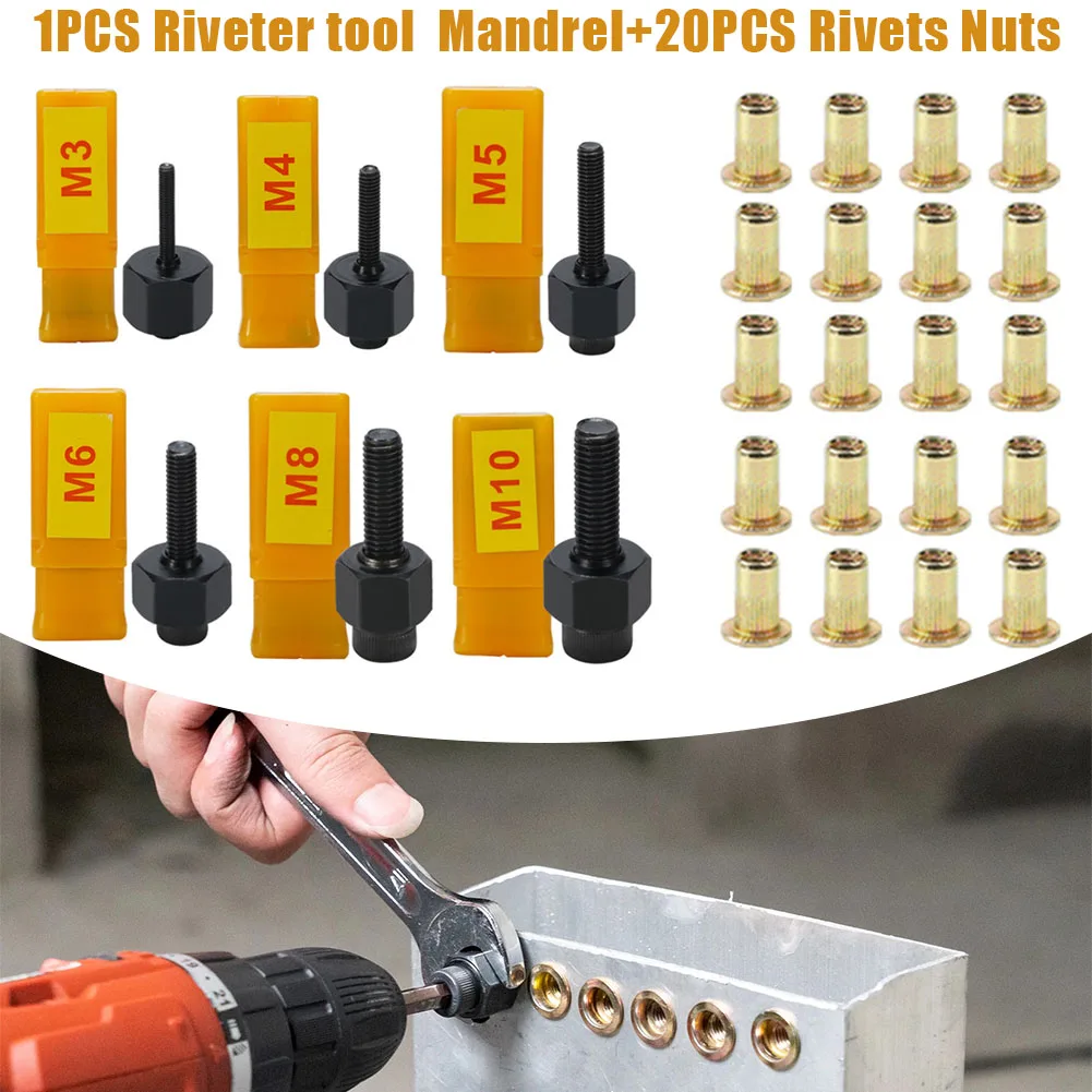 21 Pcs Hand Rivet Nut Gun Head Nuts Riveter Tool M3 M4-M5 M6 M8 M10 For Rivet Nut Gun Riveting Riveter Tool With Steel Nuts