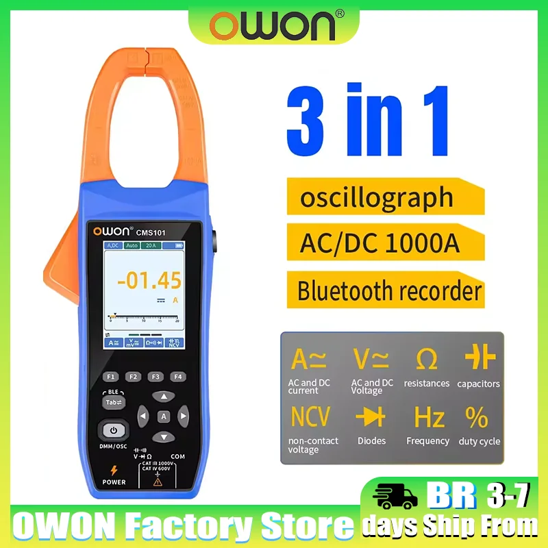 OWON CMS101 Multímetro 1000A AC/DC Tipo braçadeira de corrente Correia de corrente Gravador Bluetooth Testador de osciloscópio digital