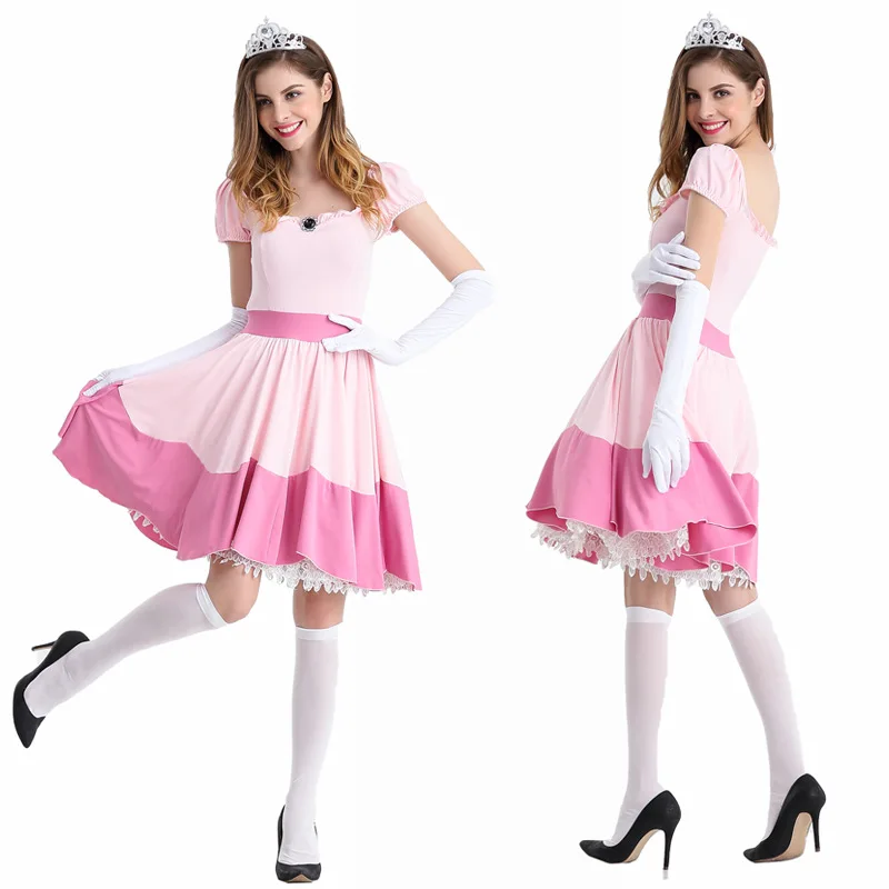 New Super Mario Pink Princess Halloween Costume Stage Dress Party Queen Dress Cosplay Role Play Pink Princess Dress Uniform