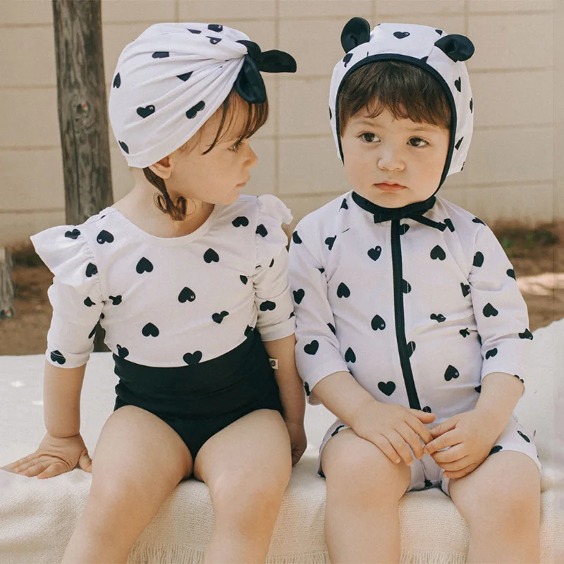 Boys Girls Bathing Suit Children One-piece Swimsuit Bikini Black White Quick Drying Sun-proof Swimming Clothes Swimwear with Hat children swimwear swimsuit one piece