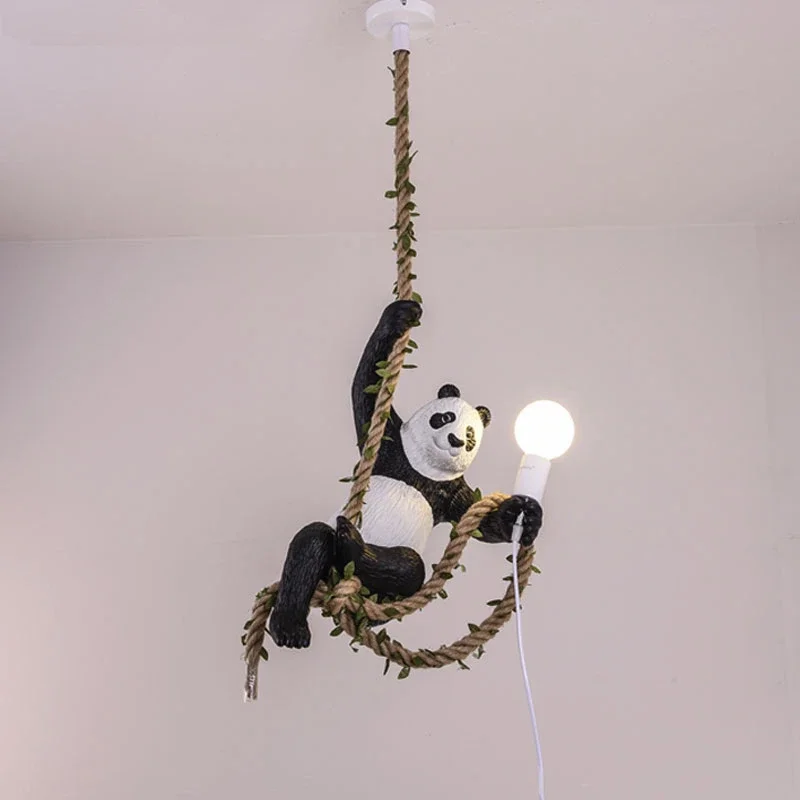 Indoor Lighting Vintage Resin Panda Pendant Light Loft Hemp Rope Hanging Lamp Fixture Home Decor Luminaire Suspension Chandelier