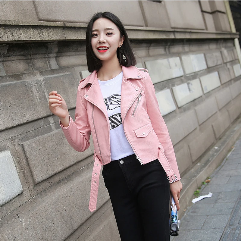 Ftlzz Pu Leather Jacket Women Fashion Bright Colors Black