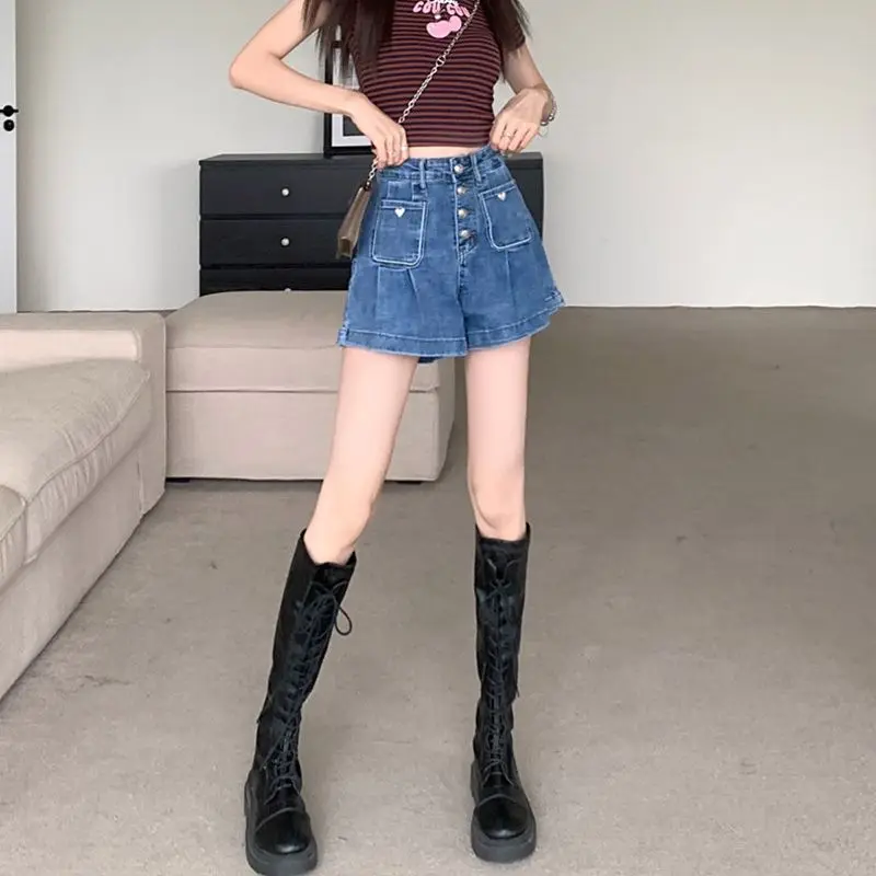 Women's Summer 2024 New Korean Hotsweet Solid Color Elastic Spliced Pockets Button High Waist A-line Loose Denim Wide Leg Shorts