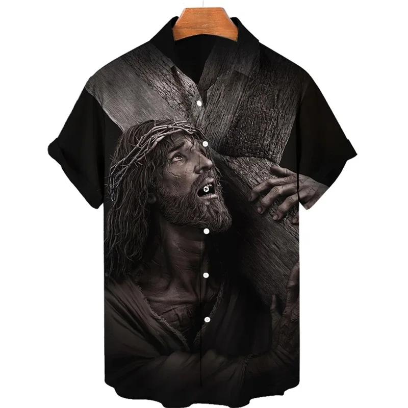 thumbnail image 1 of Camisas hawaianas con estampado 3D de Dios, Jesús, María, para hombre, camisetas casuales de manga corta con estampado 3D, camisetas de gran tamaño, ropa superior, camisas con botones para hombre, blu, 1 of 5