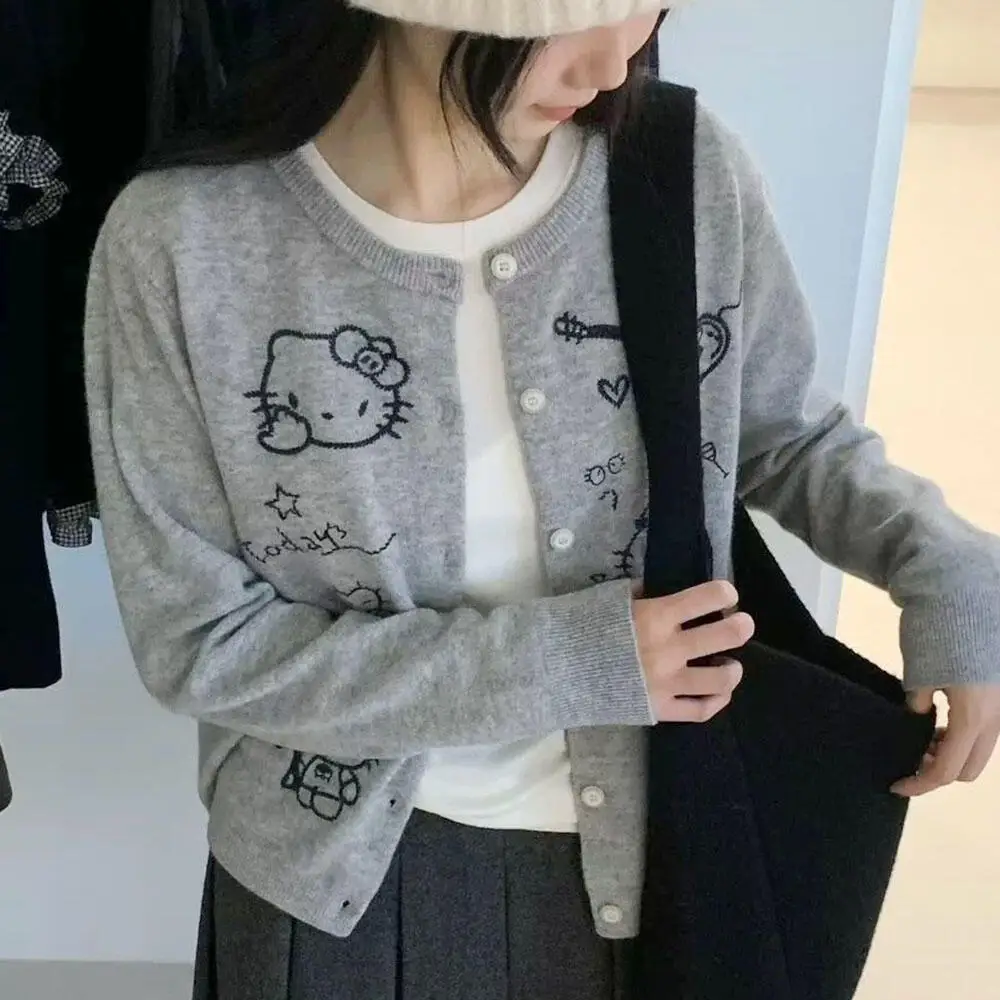 산리오 라운드 넥 긴팔 스웨터 애니메이션 헬로 키티 카와이 걸스 카디건 스웨터 가을 부드럽고 달콤한 루즈 학생 귀여운 탑