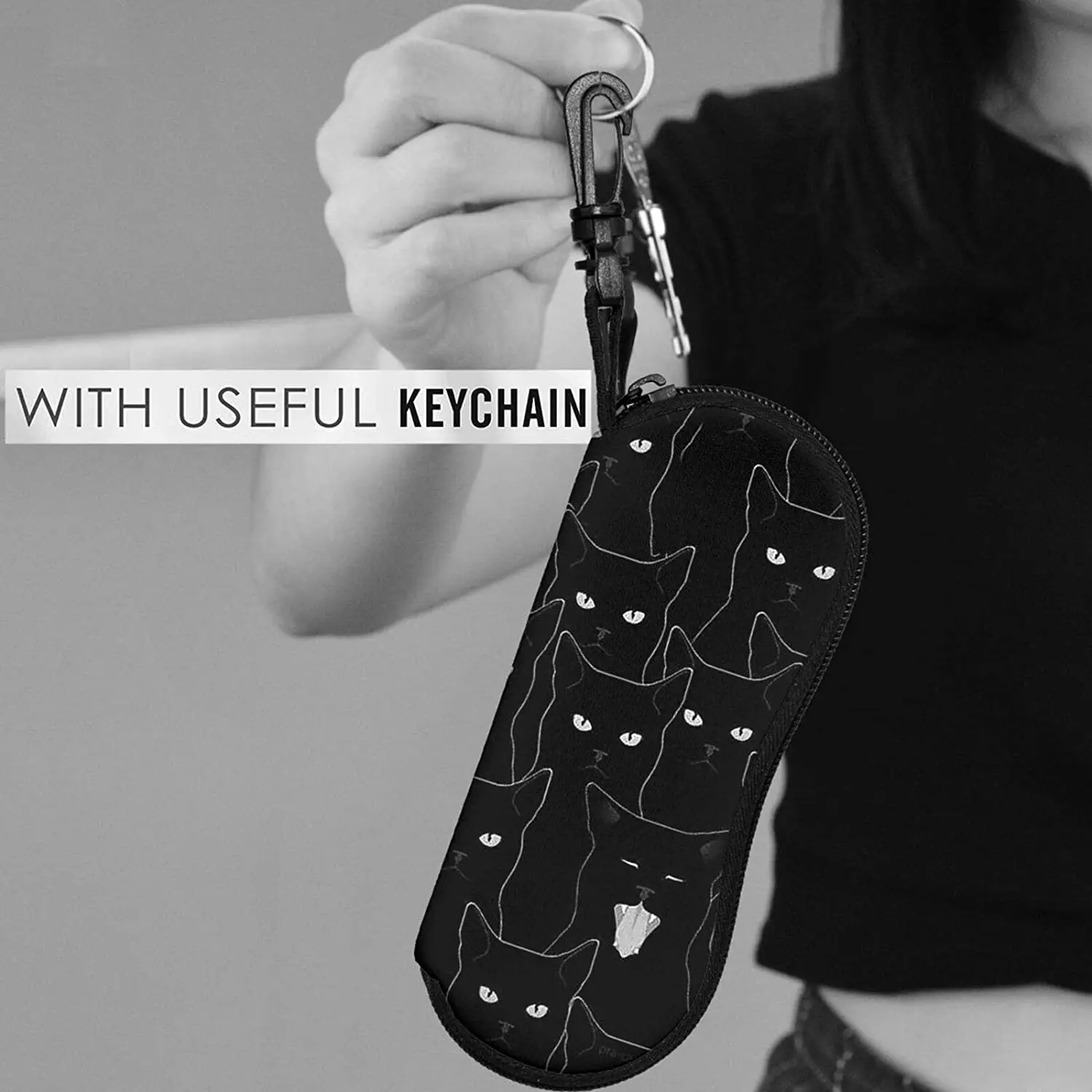 Étui Souple Pour Lunettes De Soleil Avec Clip De Ceinture - Motif Silhouette De Chat - En Néoprène Noir - Fermeture éclair - Pour Homme Et Femme, Noir , Taille Unique