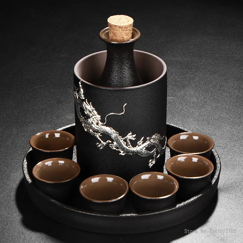 Japanese Style Ceramic Sake Pot Cup Set Black Pottery Liquor Flask Wine