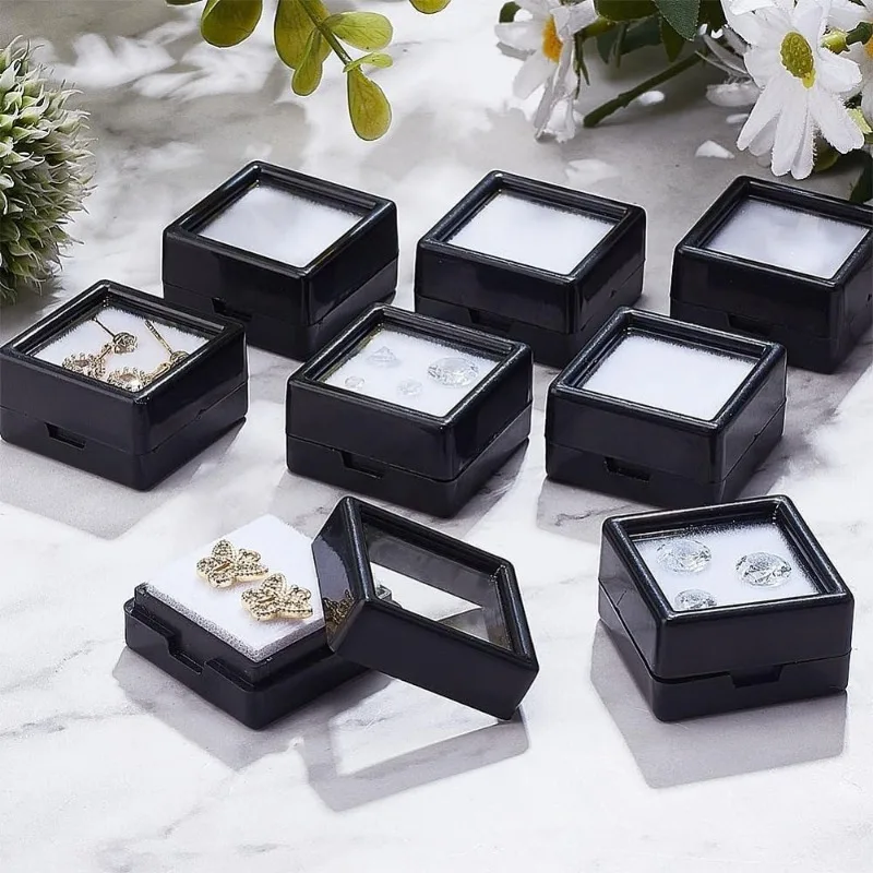 Black Gemstone Display Box 1.14x1.14x0.63inch Loose Jewelry Show Container with Clear Glass Top Lids for Gems 16 Pack