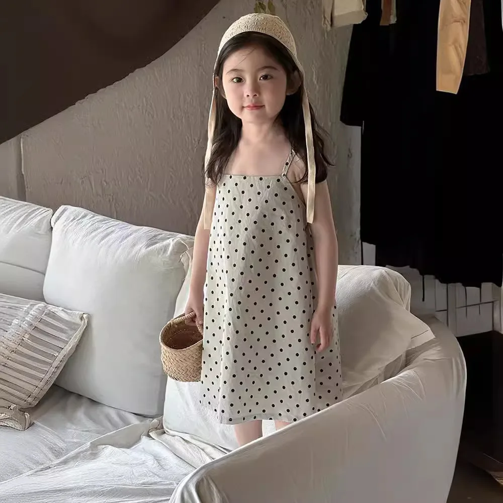 

2024 Summer New Girls Sleeveless Sling Dress Cotton Kids Girls Cute Dot Backless Dress Children Holiday Dress Baby Casual Dress