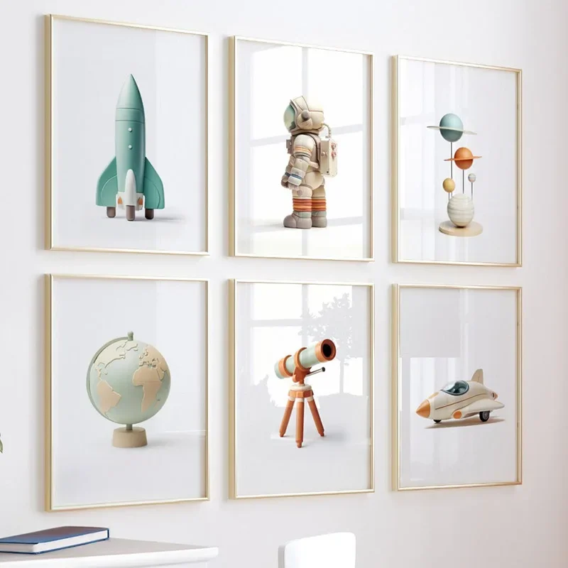 Cartoon Rocket Astronaut Planet Globe Telescope Wall Art Canvas Painting Nordic Posters Prints Nursery Pictures Kids Room Decor