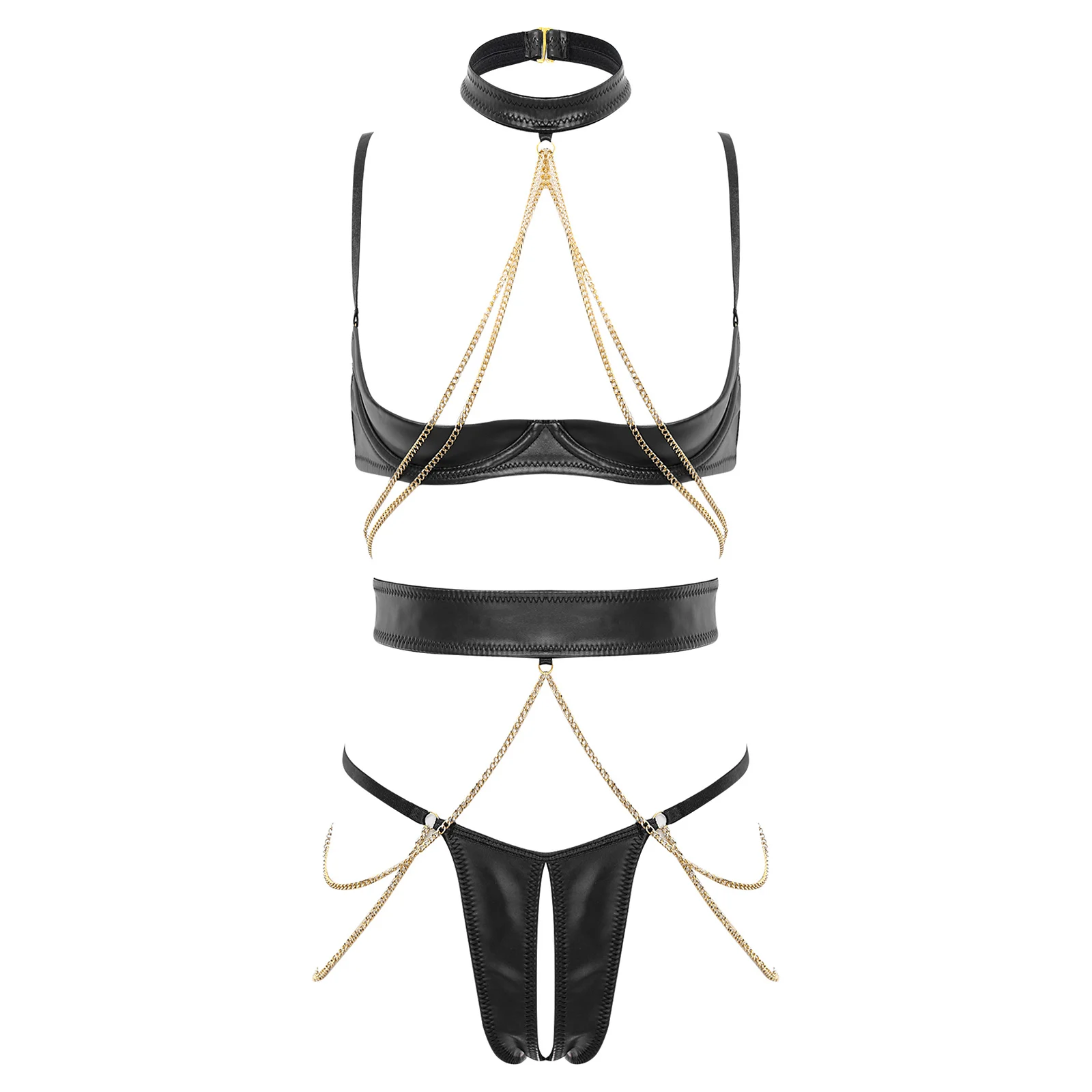 

Womens PU Leather Halter Chains Lingerie Set Cupless Underwire Bra Choker Waist Belt Crotchless Thongs Sexy Gothic Nightwear