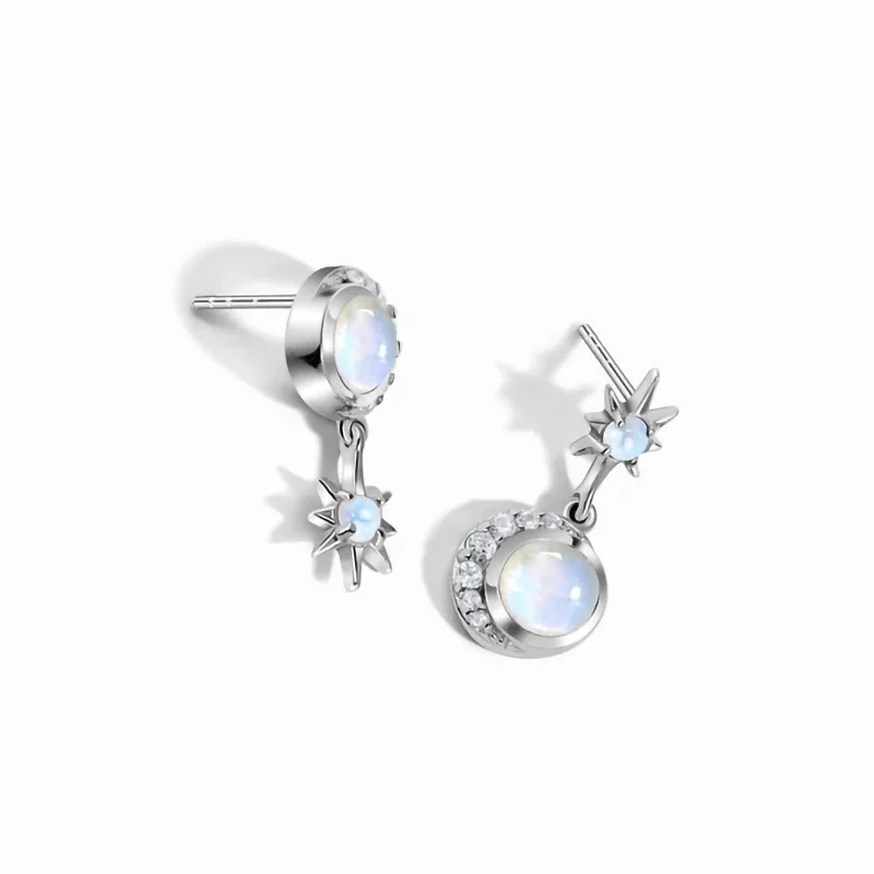 

AsinLove Real 925 Sterling Silver Asymmetric Hexagram Star Moon Synthesis Moonstone Drop Earrings for Women Wedding Fine Jewelry