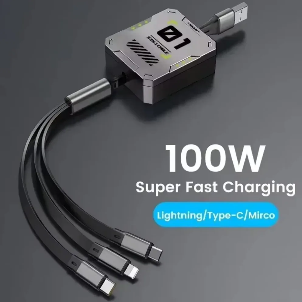100W 3 In 1 Retractable USB Cable Super Fast Charging Cables PD Type C Micro Data Cable Cord For Android iPhone Huawei Samsung