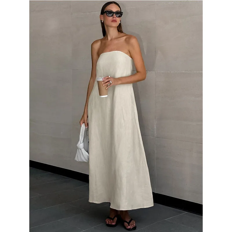 

Khaki cotton and linen tube top resort style high waist dress backless 2024 summer new long skirt women's club clothing