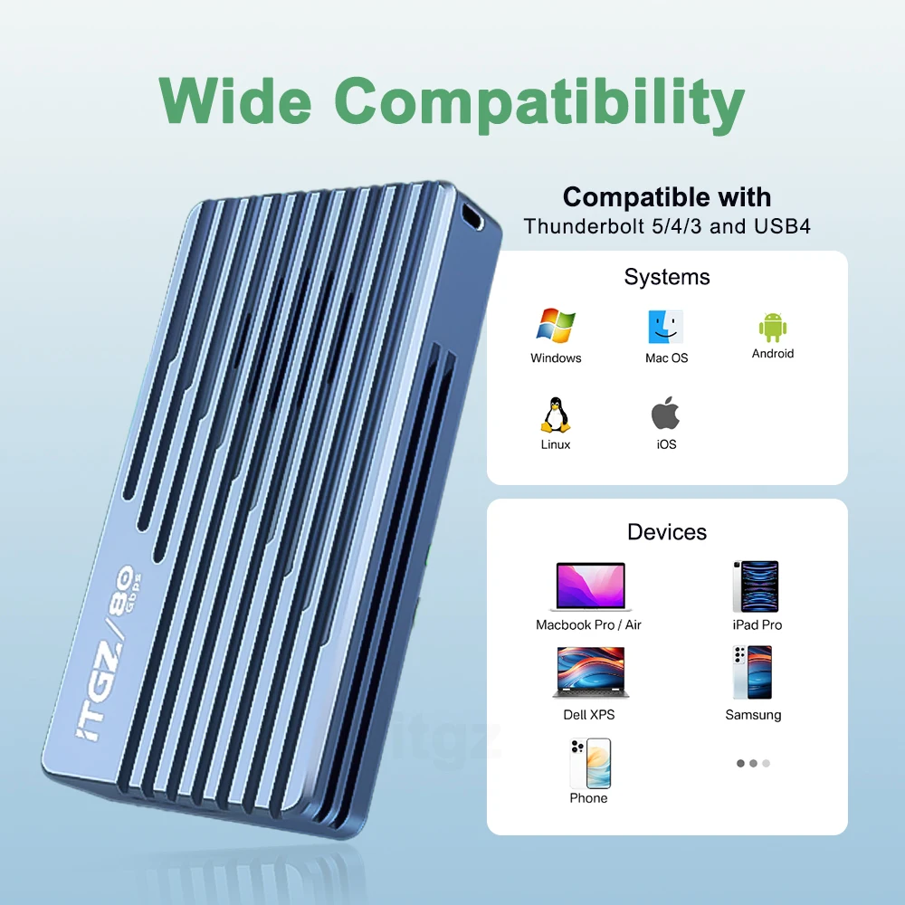 ITGZ 80Gbps Thunderbolt 5 M.2 NVMe SSD Enclosure with Fan Cooling JHL9480 Chip for Thunderbolt 5/4/3 M.2 NVMe SSD For Mac/PC