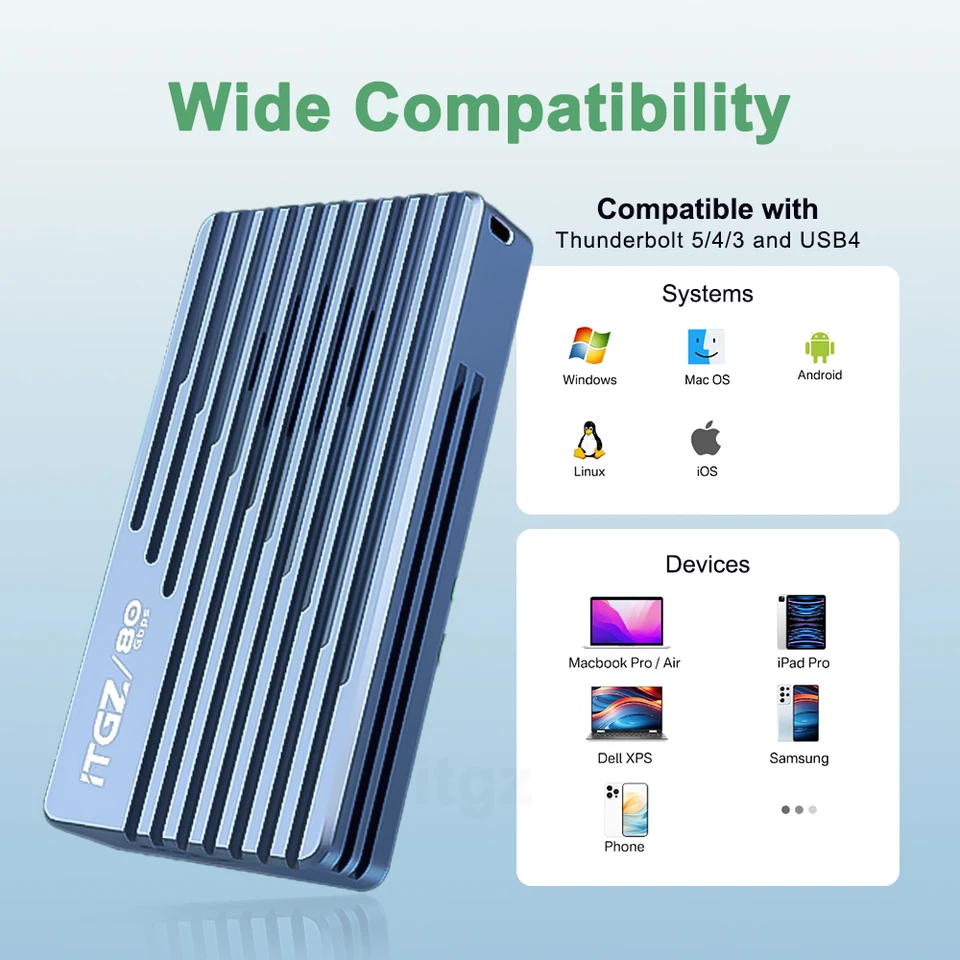 ITGZ 80Gbps Thunderbolt 5 M.2 NVMe SSD Enclosure with Fan