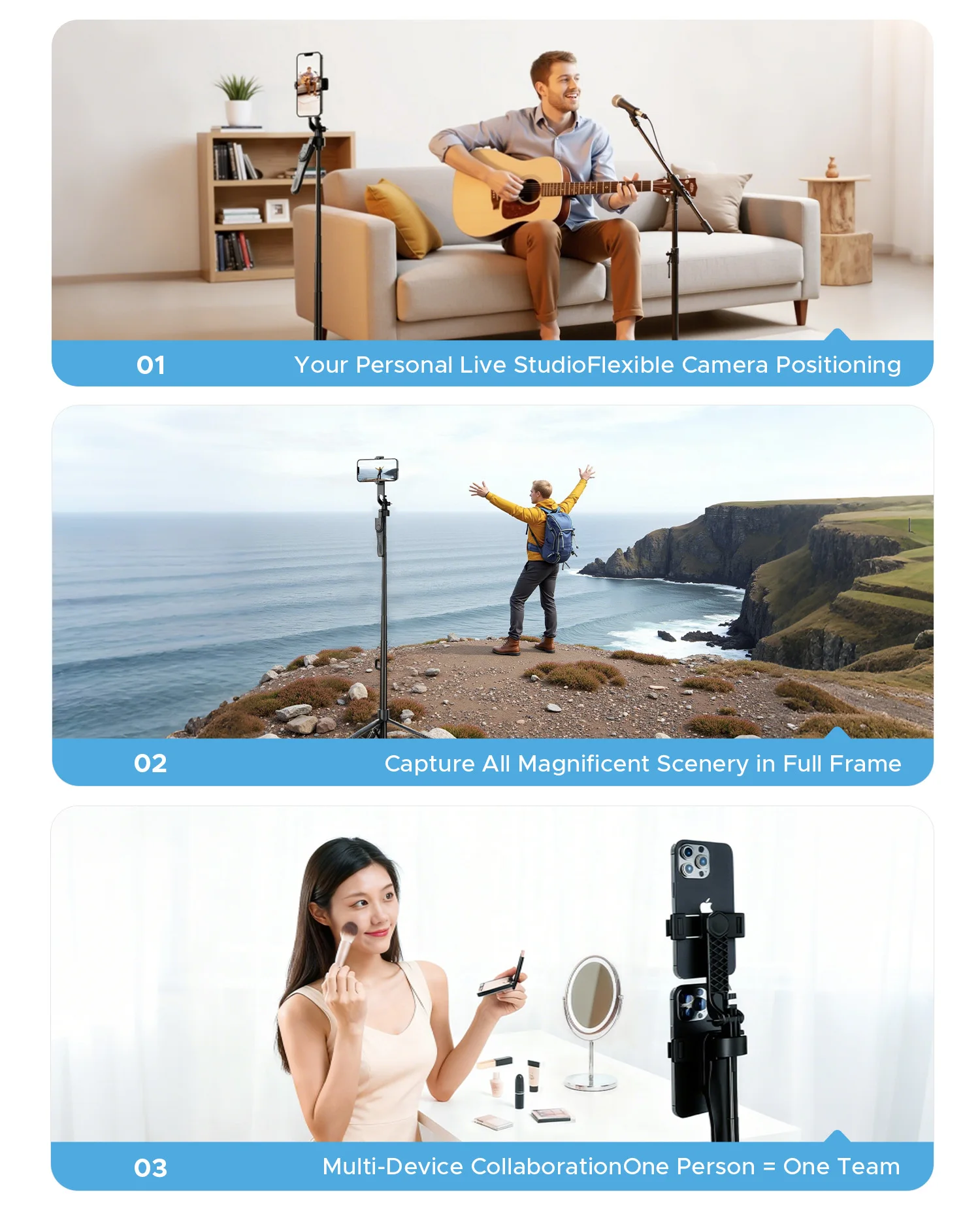ORICO 2.15m 알루미늄 셀카봉 삼각대 BT 리모컨 360 °   아이폰 휴대폰 카메라 라이브 스트리밍 여행용 회전 가능