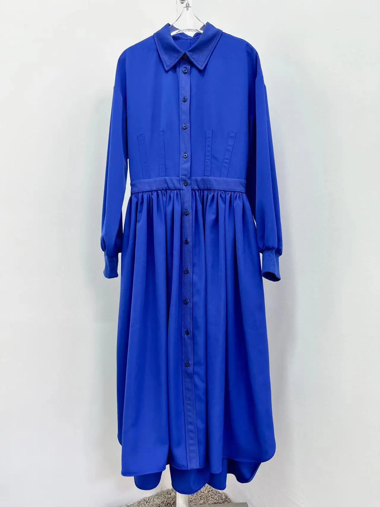 

2022 Summer Women's Runway Designer Vintage Solid Blue Dress Long Sleeves High Quality Hot Single Breasted Dresses