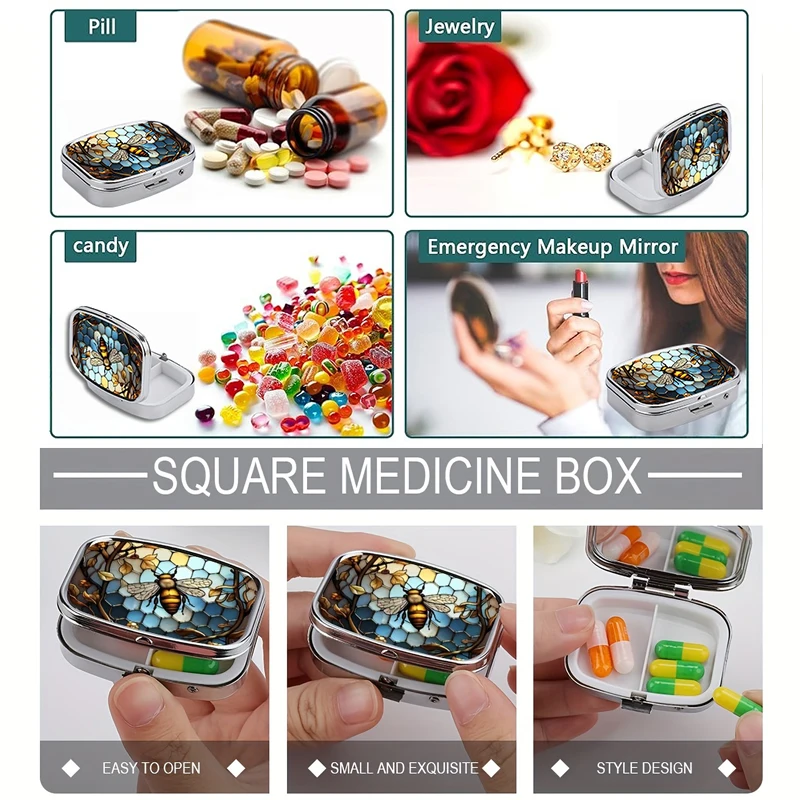 Compact Decorative Metal Pill Organizer - Portable 2-Compartment Case