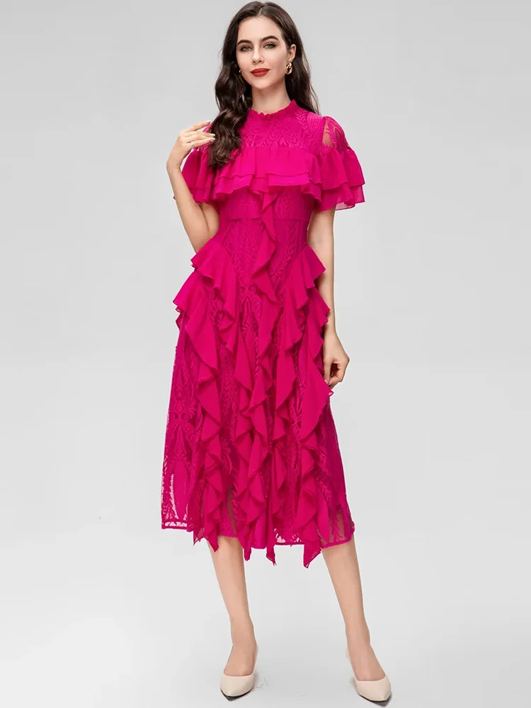 

MoaaYina Fashion Runway dress Summer Women Dress Short sleeve Hollow out Ruffled Lace patchwork Vintage Party Dresses
