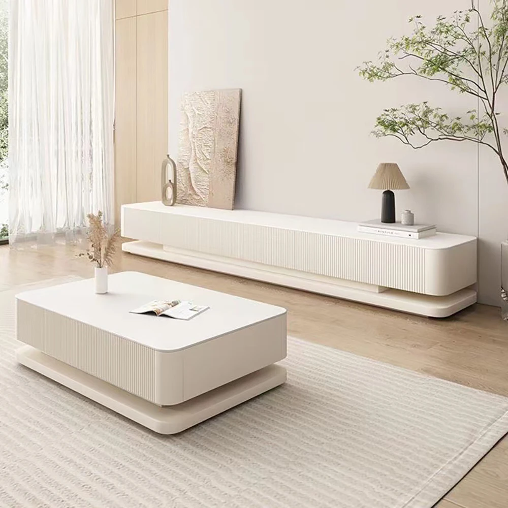 

Rock Slab Simple Modern Living Room Home Floor Cabinet Cream Color TV Cabinet Coffee Table Combination Cabinet
