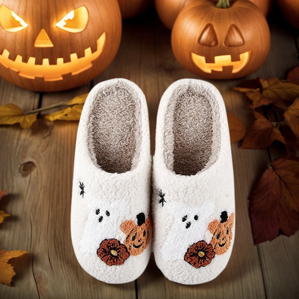 1 pair Cotton Fluffy Slippers Home Cartoon Pumpkin Platform Slides Couple Funny Halloween Casual Designer Shoes Women Indoor